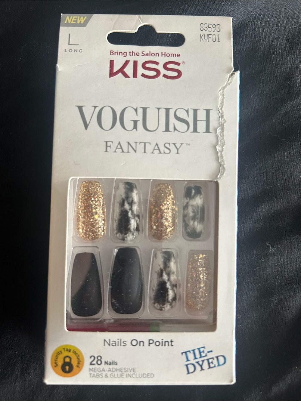 KISS Voguish Fantasy Tie-Dyed & Glitter Press-On Nails — Black, Gold, White